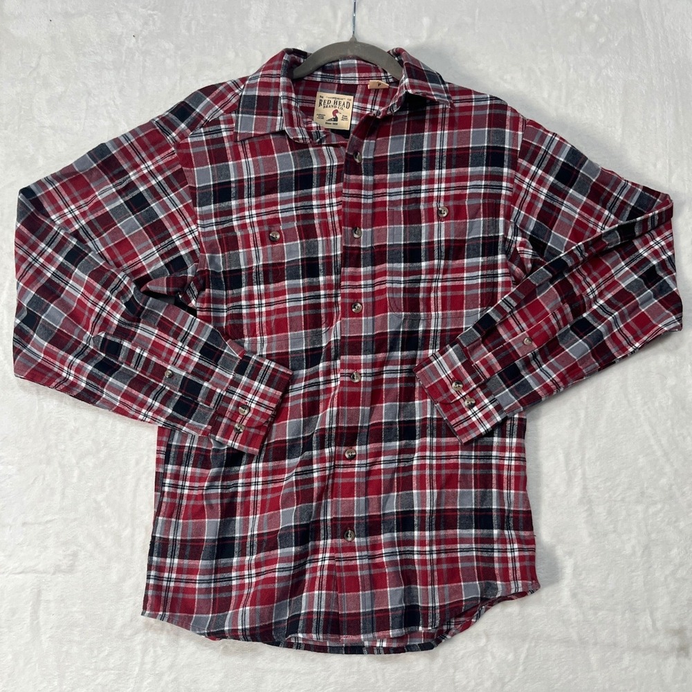 RedHead Brand Co Mens Small Red Black White Plaid Flannel Button Down Shirt